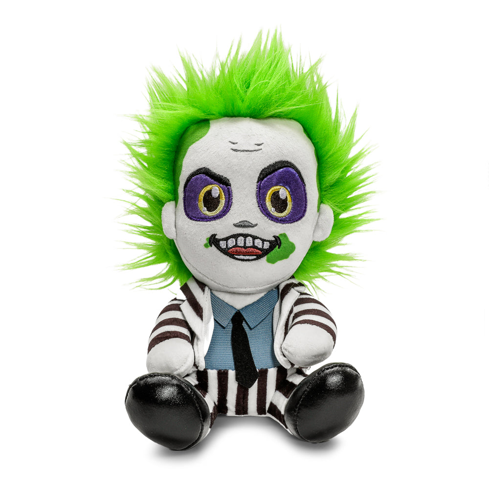 Kidrobot Beetlejuice plush toy in striped suit, soft Phunny plush figure of the spooky character from the film.