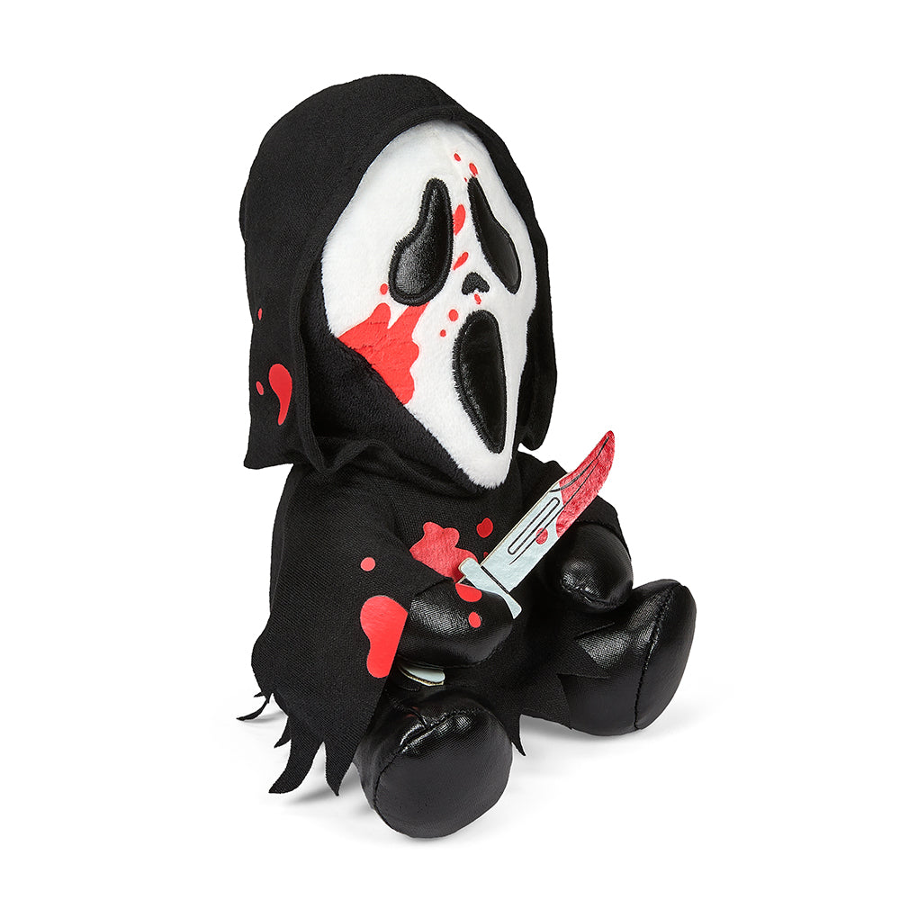 Bloody Ghost Face Phunny Plush by Kidrobot featuring a soft, plush Ghost Face character with bloody details and spooky expression.