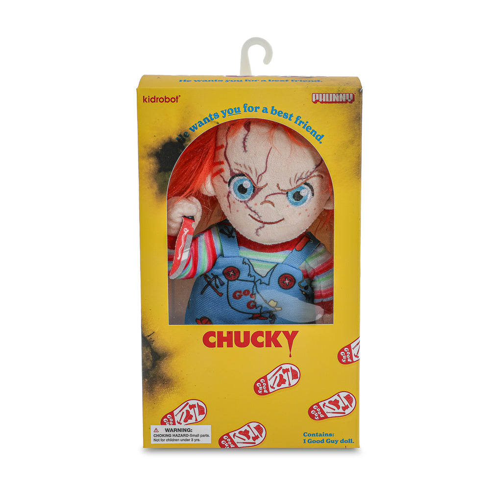 Bride of Chucky plush set featuring Evil Chucky and Tiffany standing in box, soft plush dolls from Chucky horror franchise.