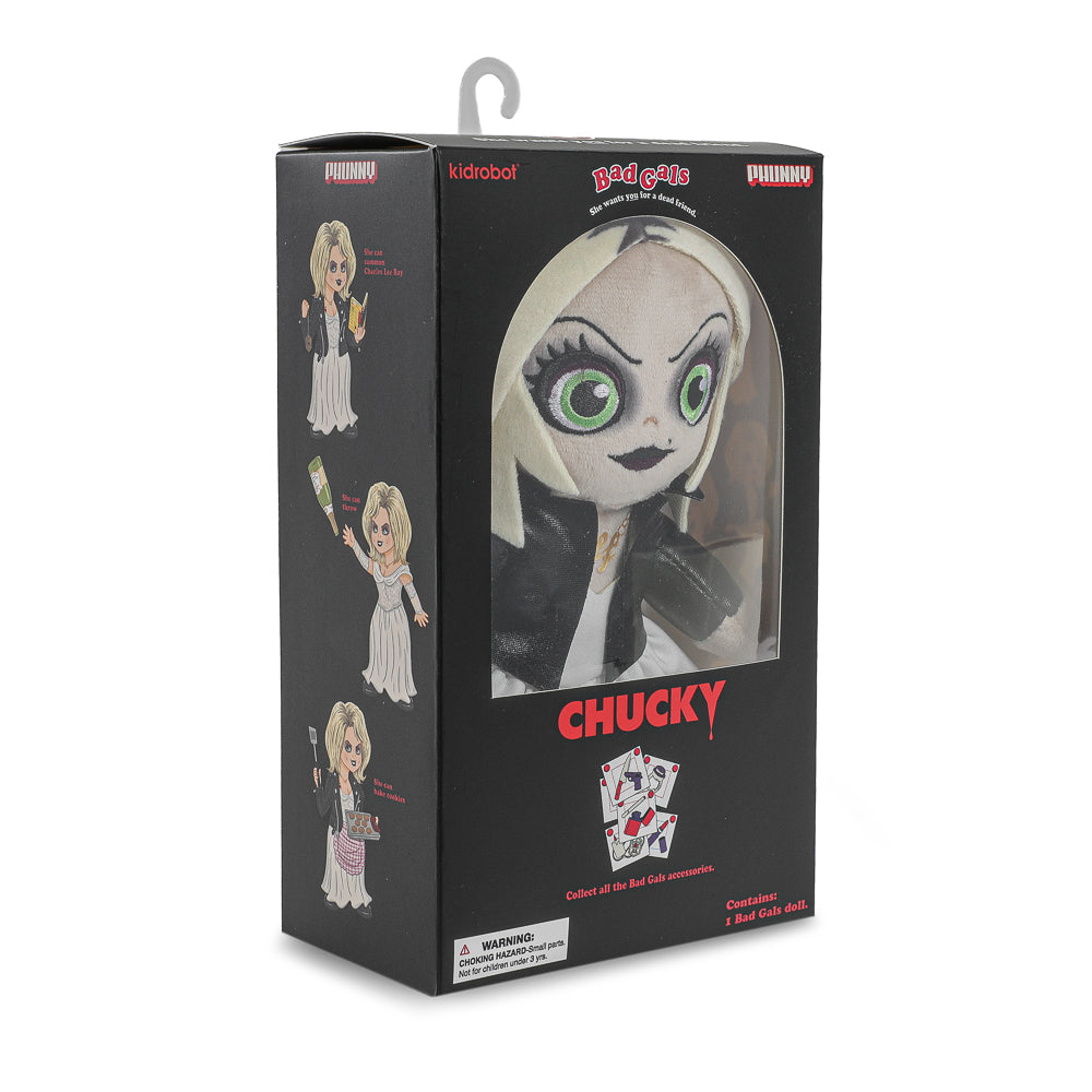 Bride of Chucky Tiffany and Evil Chucky Phunny plush dolls standing in box, collectible plush toys from Chucky series.