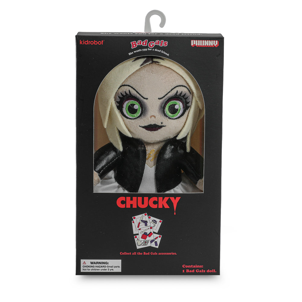 Bride of Chucky Tiffany and Chucky Phunny plush dolls standing in box, collectible plush toys from the Bride of Chucky movie.