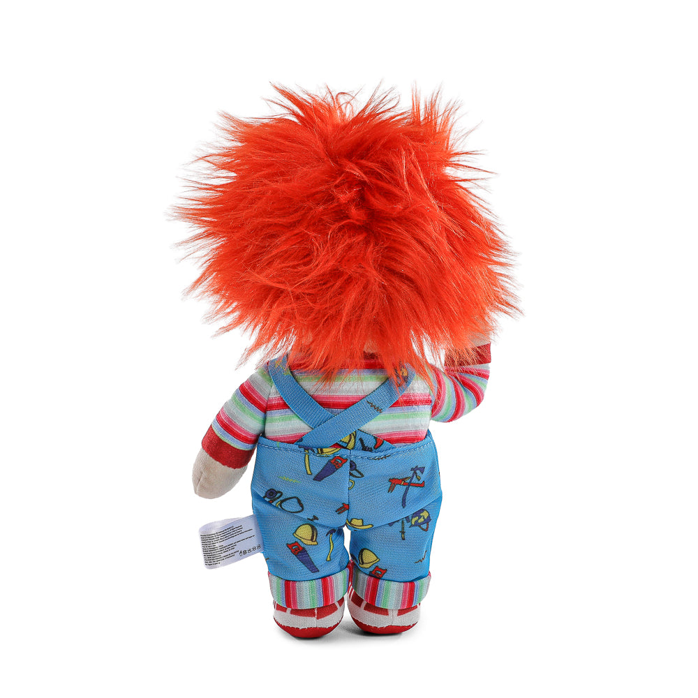 Evil Chucky plush from Bride of Chucky standing in box, soft toy with detailed horror character design by Chucky.