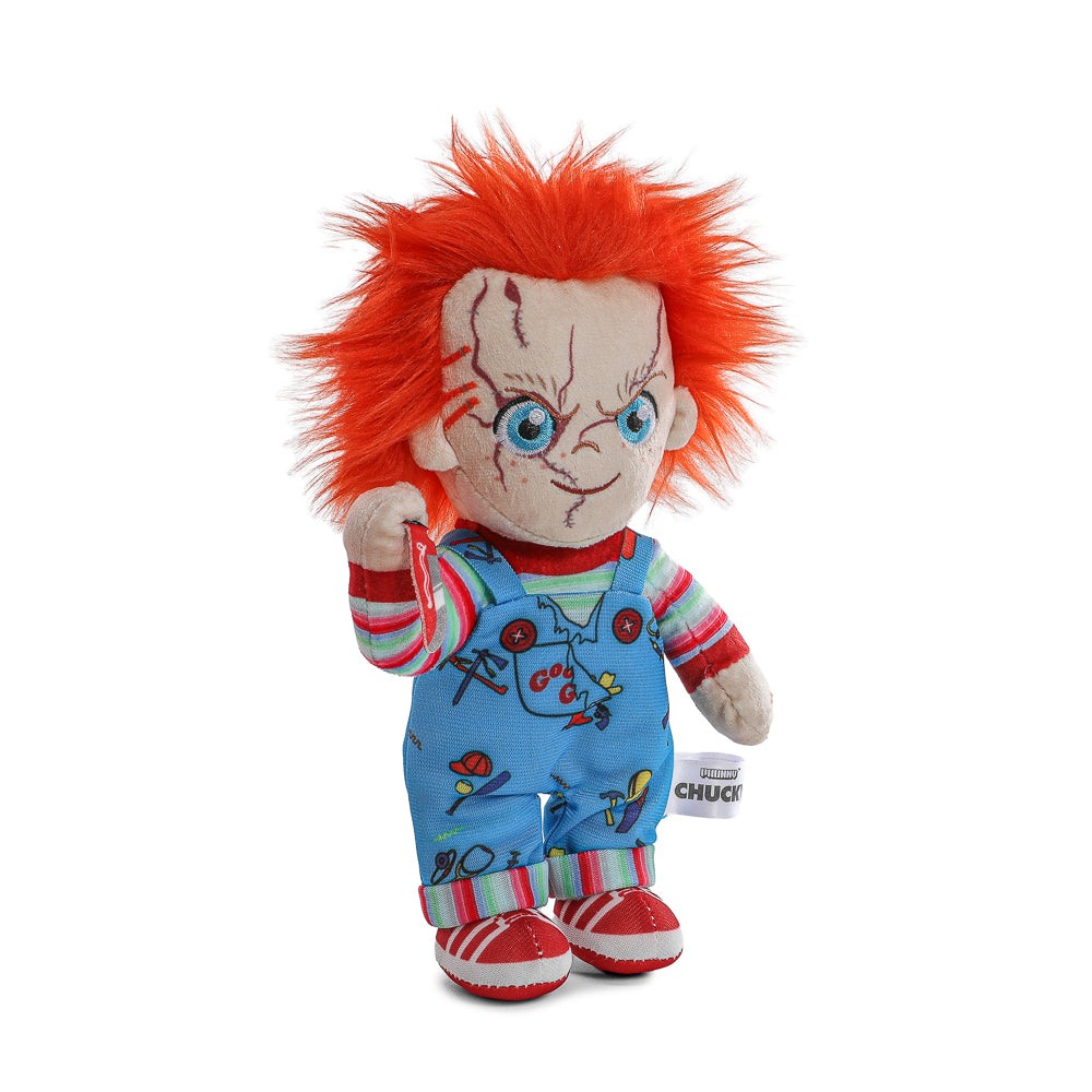 Evil Chucky plush from Bride of Chucky standing inside its box, soft textile plush toy featuring the sinister doll from the horror film.