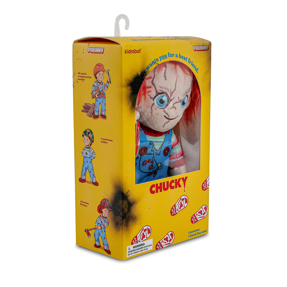 Bride of Chucky Evil Chucky Phunny plush standing in box, soft horror-themed plush toy from Chucky movie collection.
