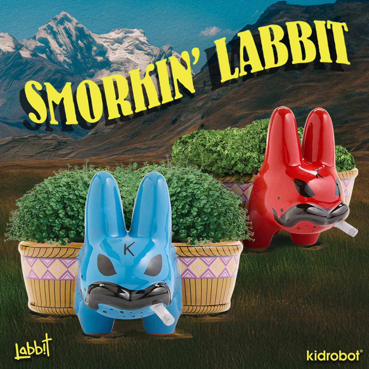 Labbit Chia Pet Smorkin’ Labbit bundle with cool blue and red design, featuring a terracotta figure with chia plant growth.