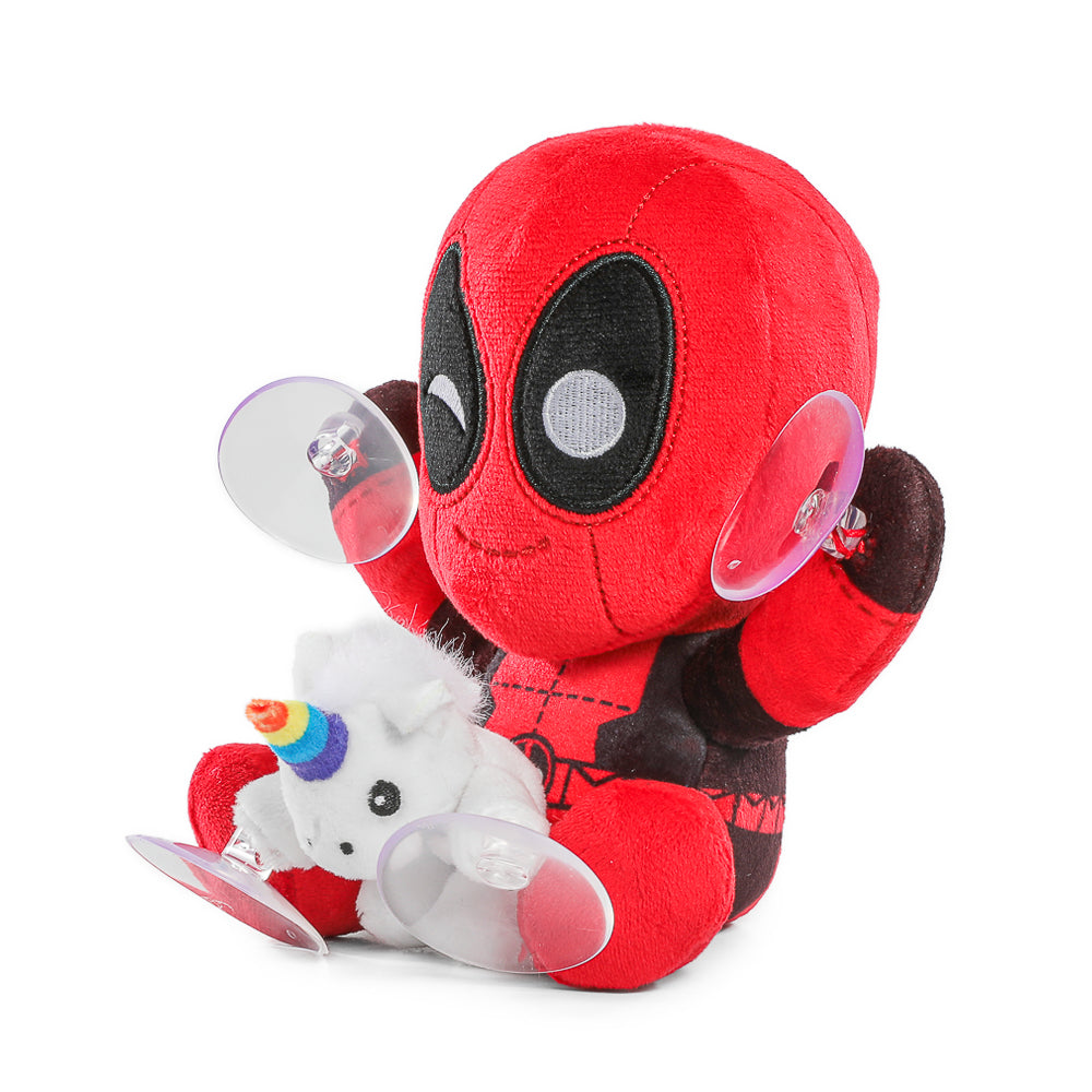 Deadpool plush unicorn window clinger featuring Deadpool character and colorful unicorn design for decorative window decor.