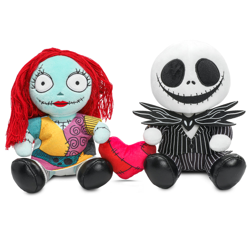 Disney's Nightmare Before Christmas Jack and Sally plush from Phunny collection, featuring heart-shaped details and soft fabric.