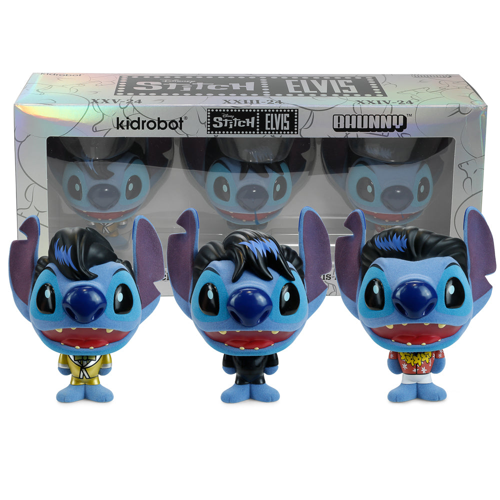 Disney Stitch Elvis BHUNNY 4-inch flocked vinyl figure set featuring Stitch inspired by Elvis Presley with detailed flocked texture.