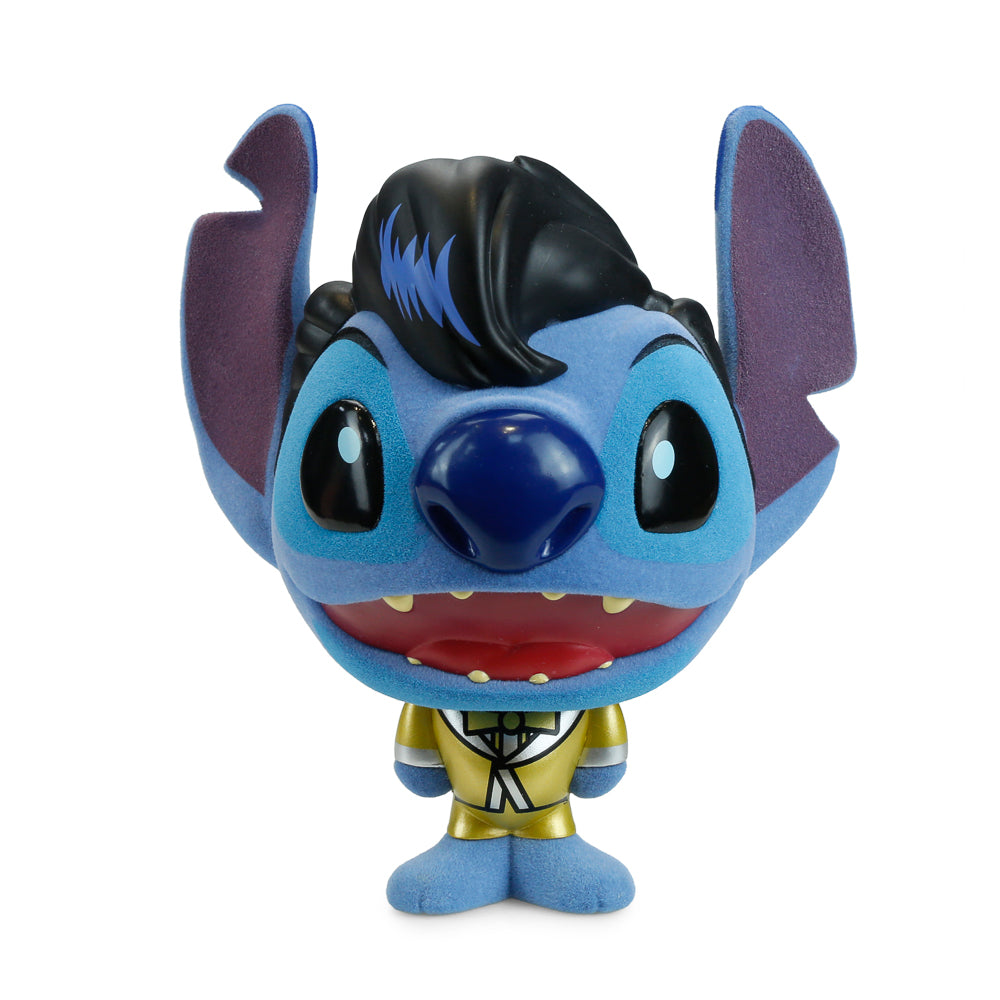 Disney Stitch Elvis Bhunny 4-inch flocked vinyl figure set, featuring Disney Stitch inspired by Elvis in a collectible BHUNNY style.