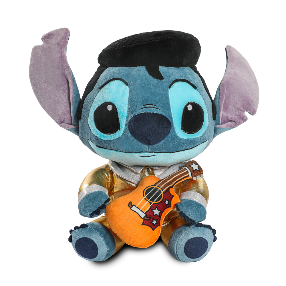 Disney Stitch plush in gold Elvis suit with shake action, soft HugMe plush toy inspired by Elvis Presley and Disney.