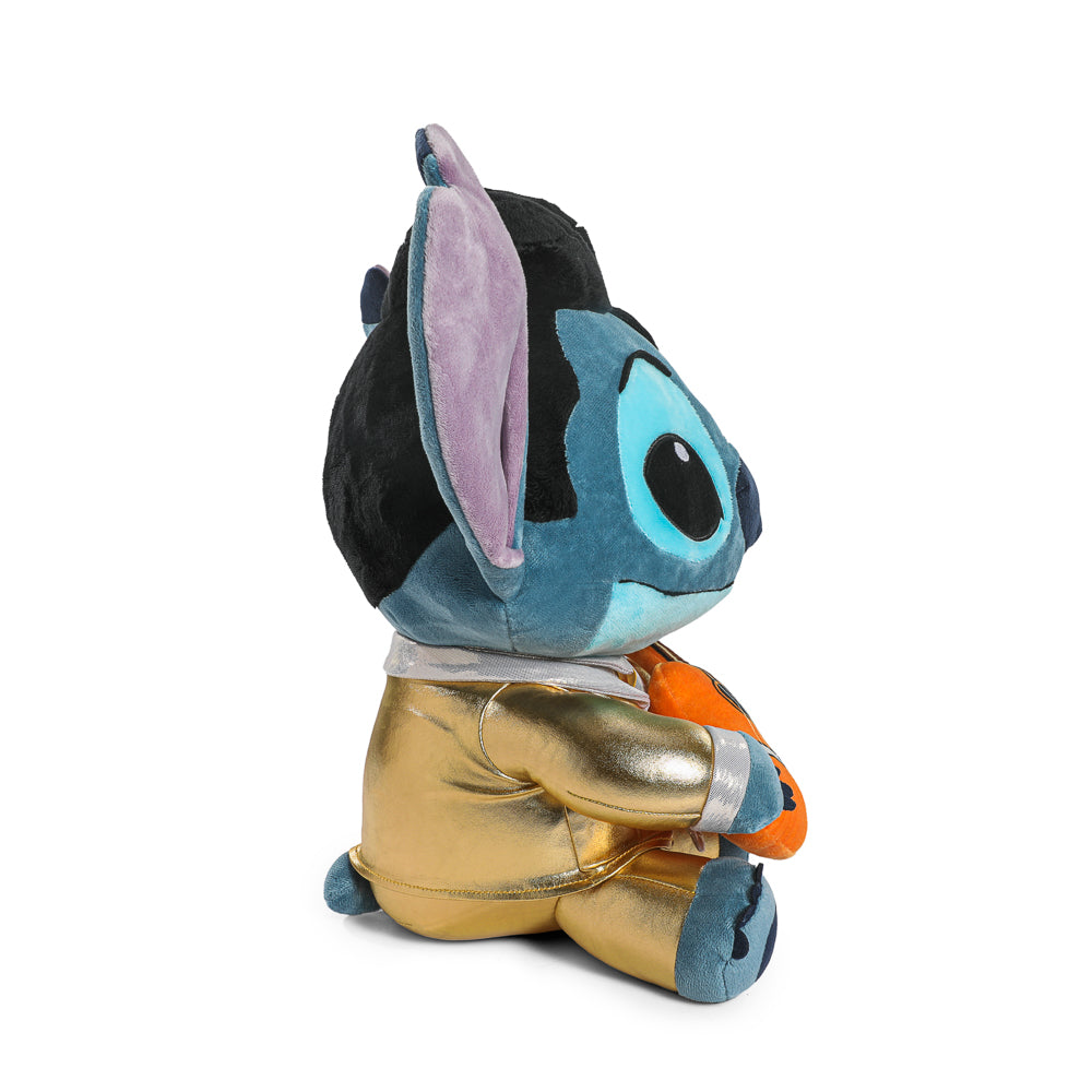 Disney Stitch plush wearing a gold Elvis suit with shake action, soft HugMe plush toy inspired by Elvis Presley.