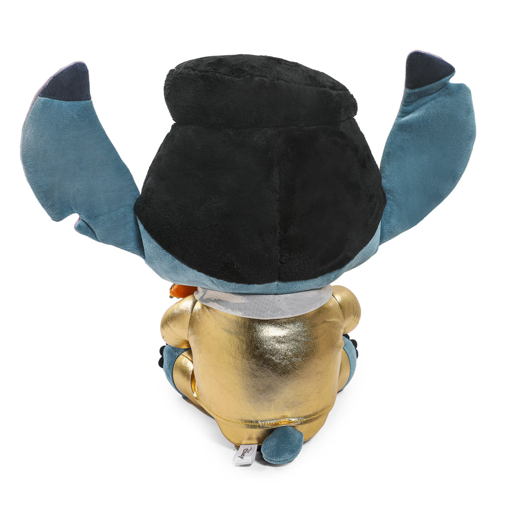 Disney Stitch plush in a gold Elvis suit with shake action, featuring HugMe design and soft, collectible plush material.