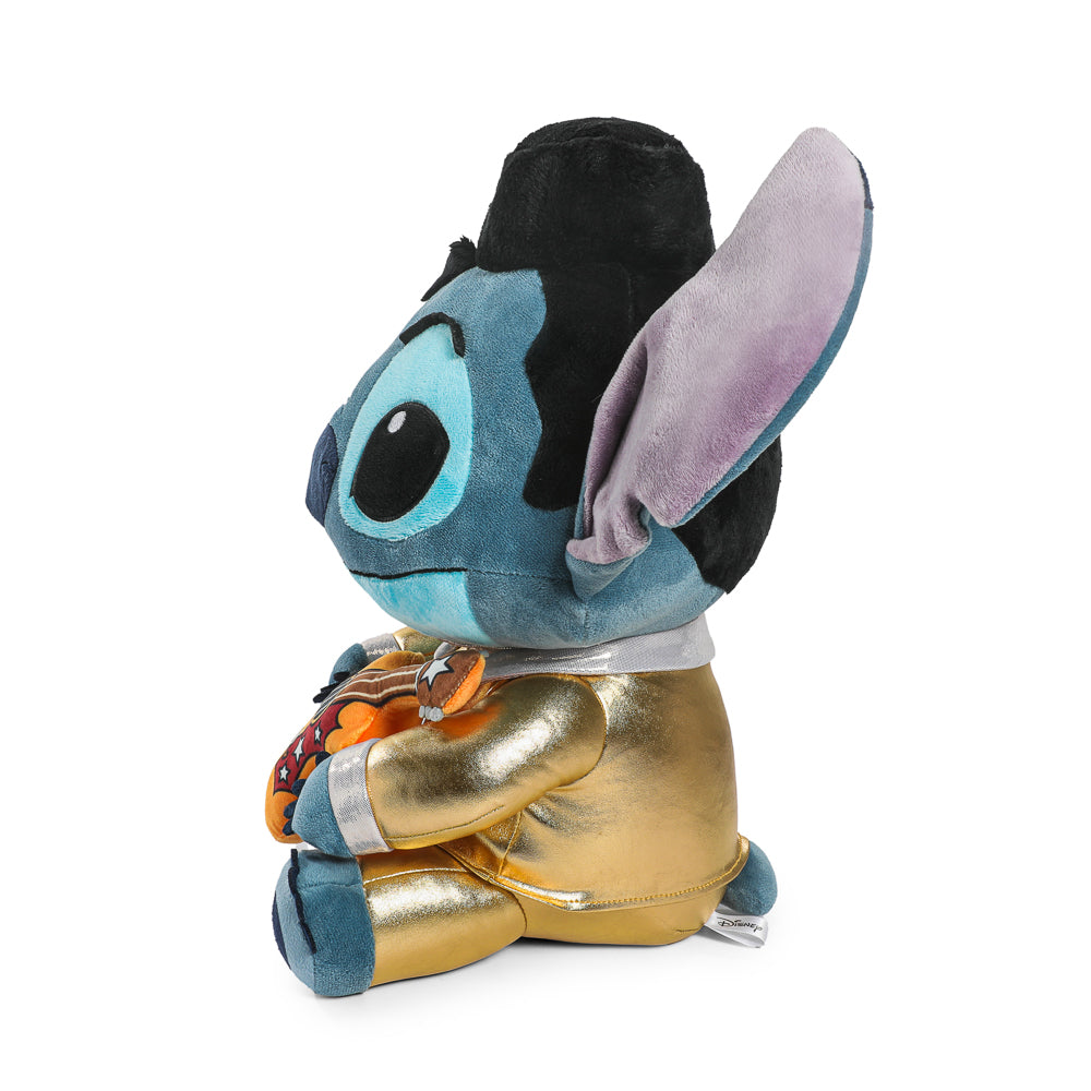 Disney Stitch plush toy in a gold Elvis suit with shake action, featuring soft fabric and detailed Elvis-inspired design.