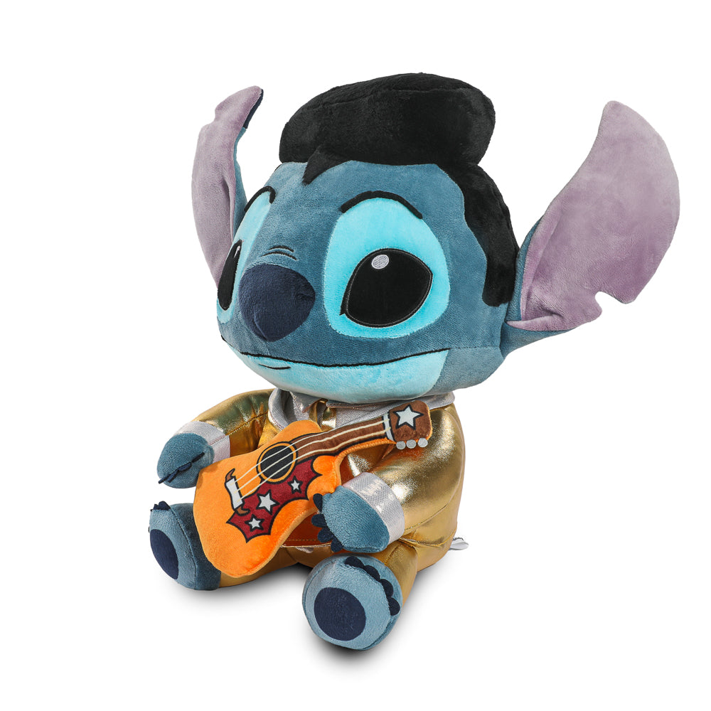 Disney Stitch plush in gold Elvis suit with shake action, soft HugMe plush toy inspired by Disney and Elvis Presley.