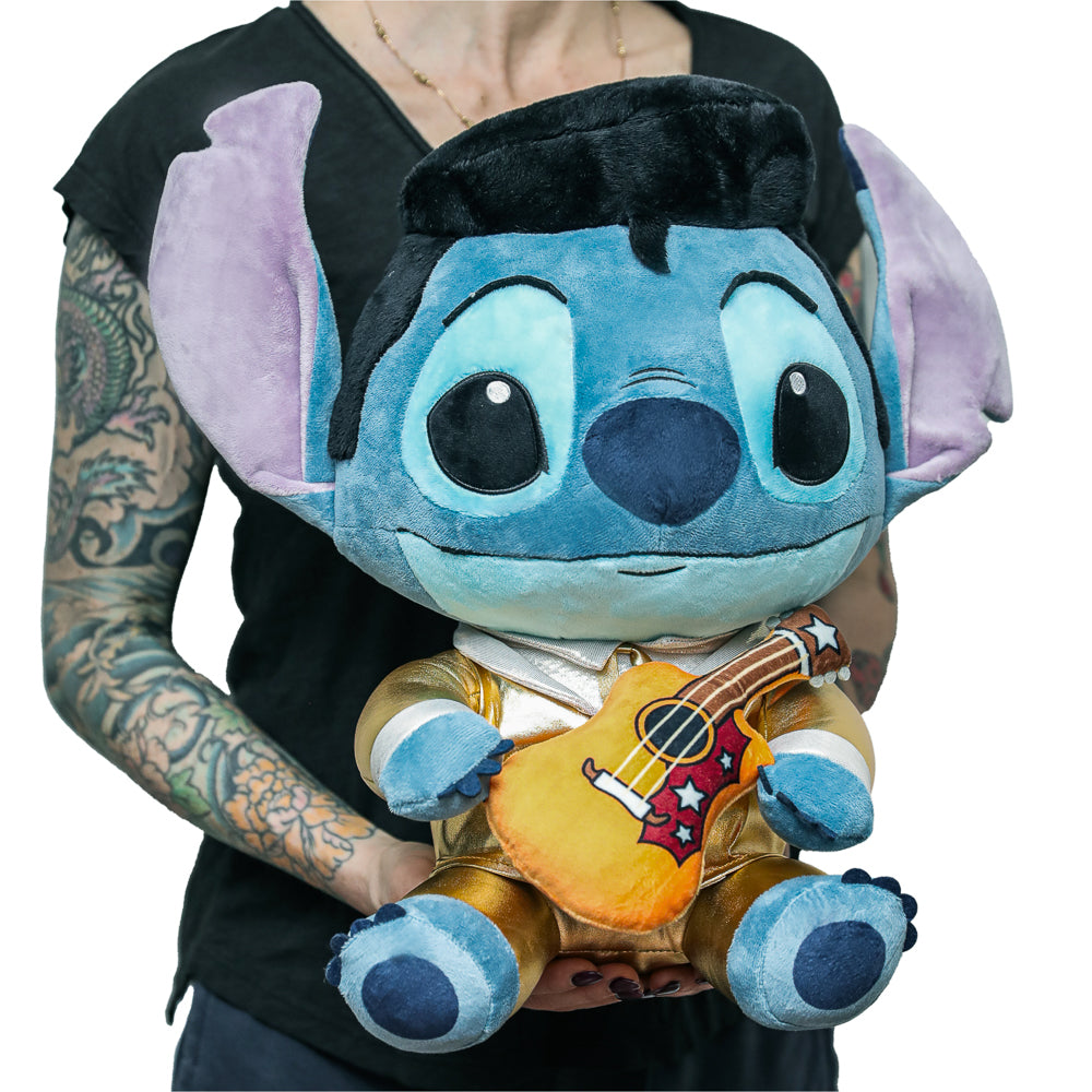 Disney Stitch plush in a gold Elvis suit with shake action, featuring soft fabric and detailed character design.