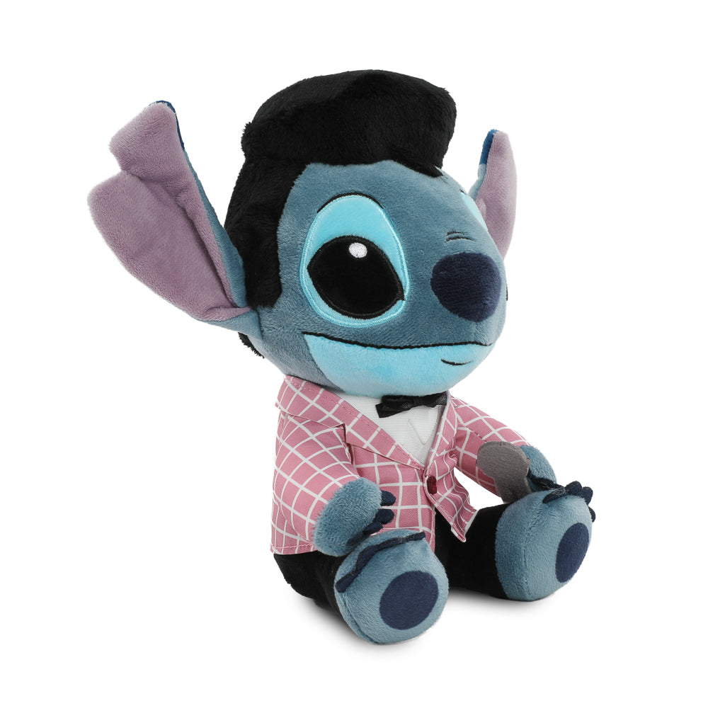 Disney Stitch plush toy featuring pink checkered pattern inspired by Elvis, soft and cuddly for fans of Disney and Stitch collectibles.