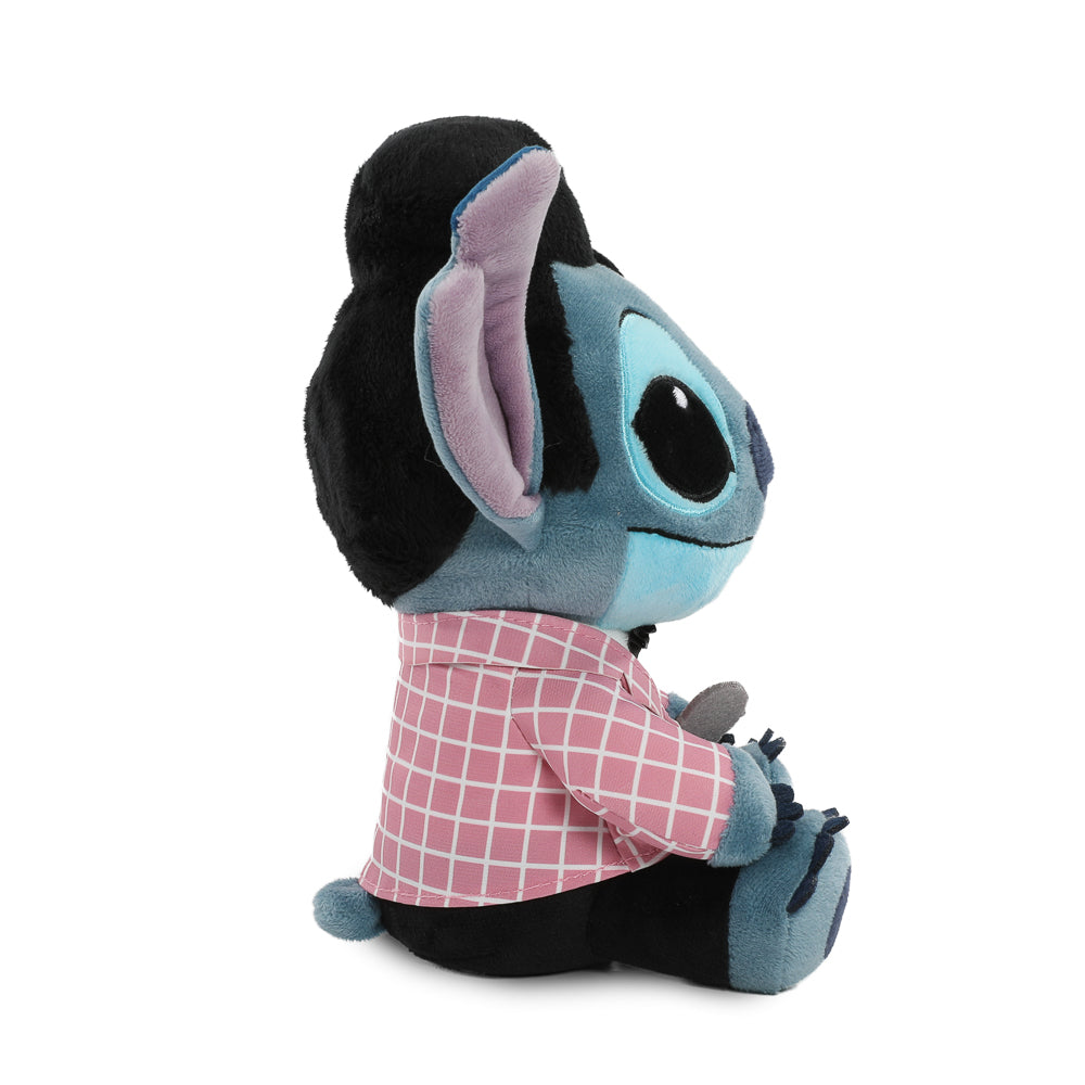 Disney Stitch plush in pink checkered pattern, inspired by Elvis, soft and adorable stuffed toy featuring Stitch's face and Elvis-style outfit.