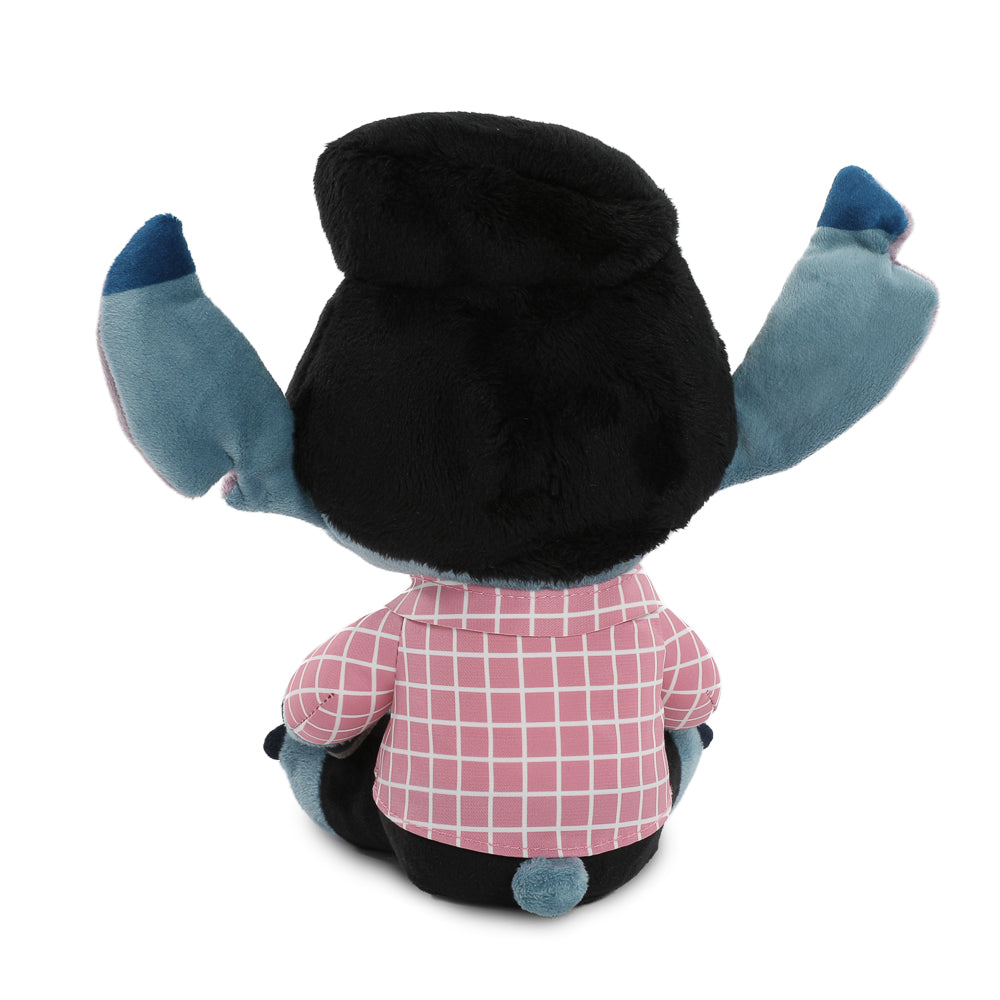 Disney Stitch plush toy in pink checkered Elvis-inspired design, soft and cuddly with embroidered details.