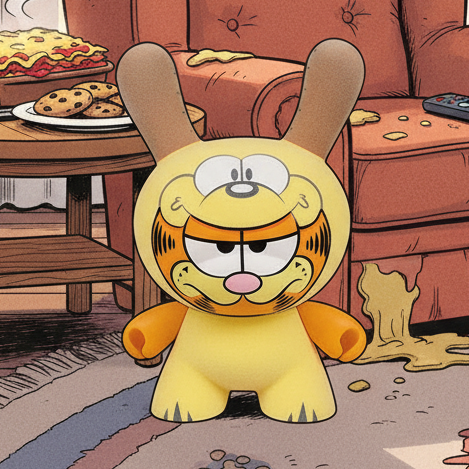 Garfield "El Impostor" 8-inch Dunny art figure by WuzOne, featuring a distinctive cartoon-style design and vibrant colors.