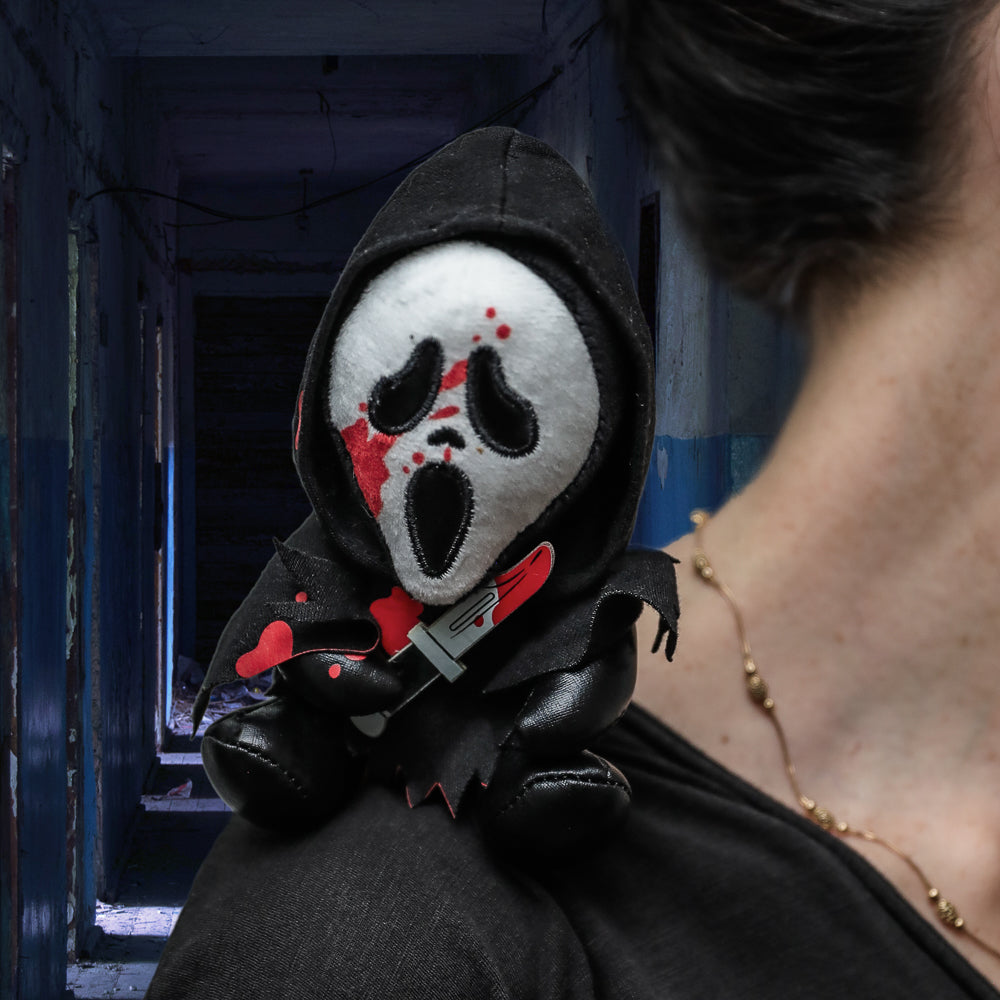 Ghost Face Bloody Plush Shoulder Phunny with knife, soft horror-themed plush toy featuring ghost face mask and bloody details.
