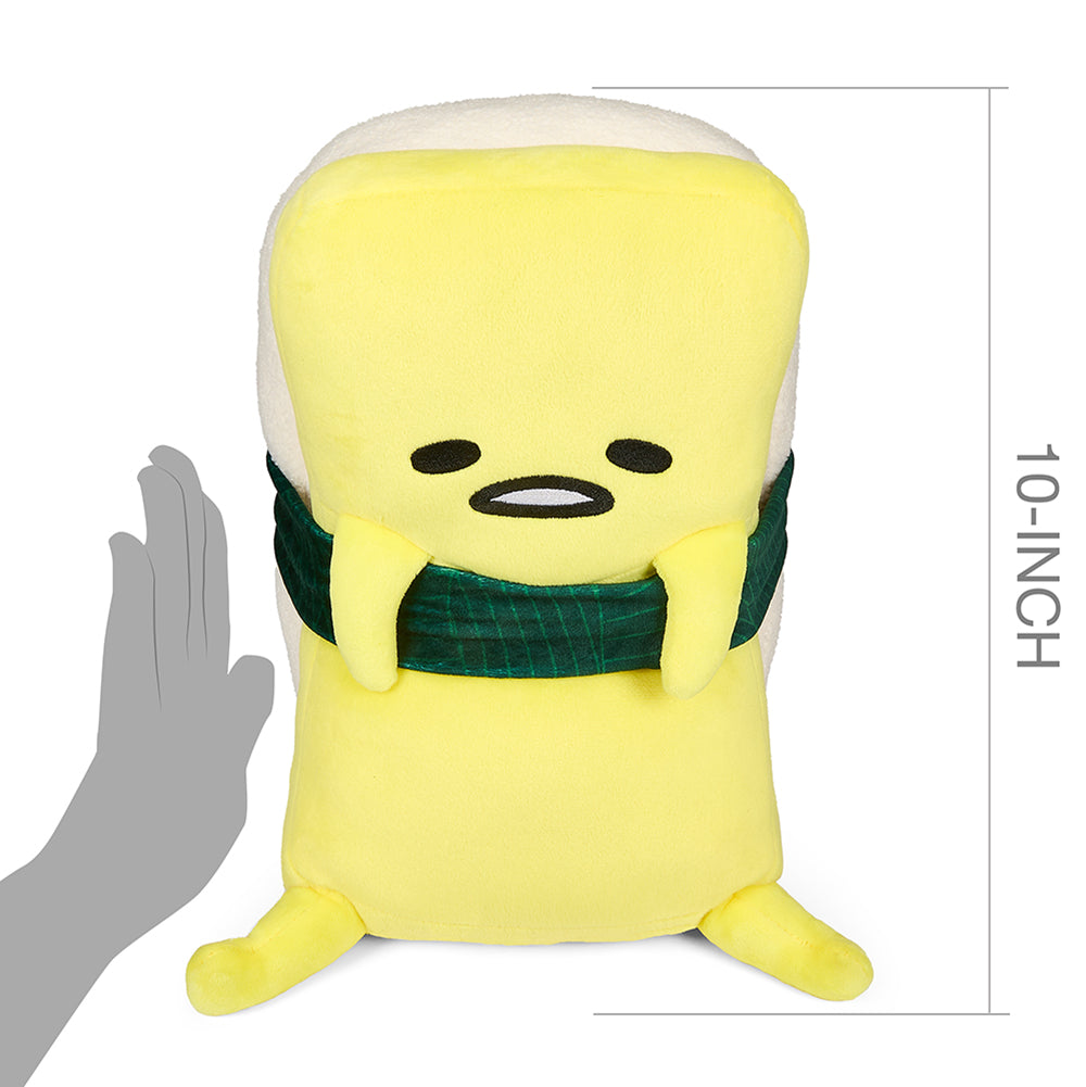 Gudetama Tamago 10-inch sushi plush by Sanrio featuring a cute egg character with a yellow plush body and sushi details.