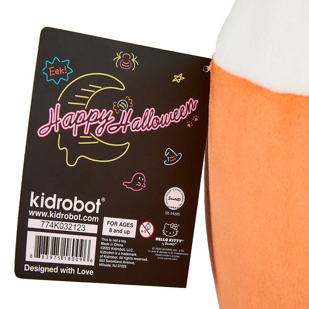 Sanrio Hello Kitty 13-inch Halloween plush toy featuring a candy corn design with orange, white, and yellow colors.