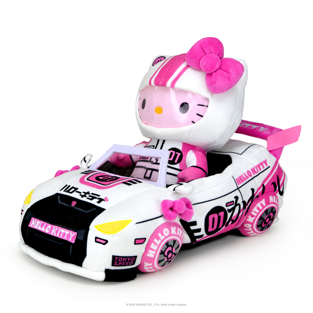 Sanrio Hello Kitty 13-inch plush featuring Tokyo Speed Racer design, soft and cuddly, perfect for fans of Hello Kitty and friends.