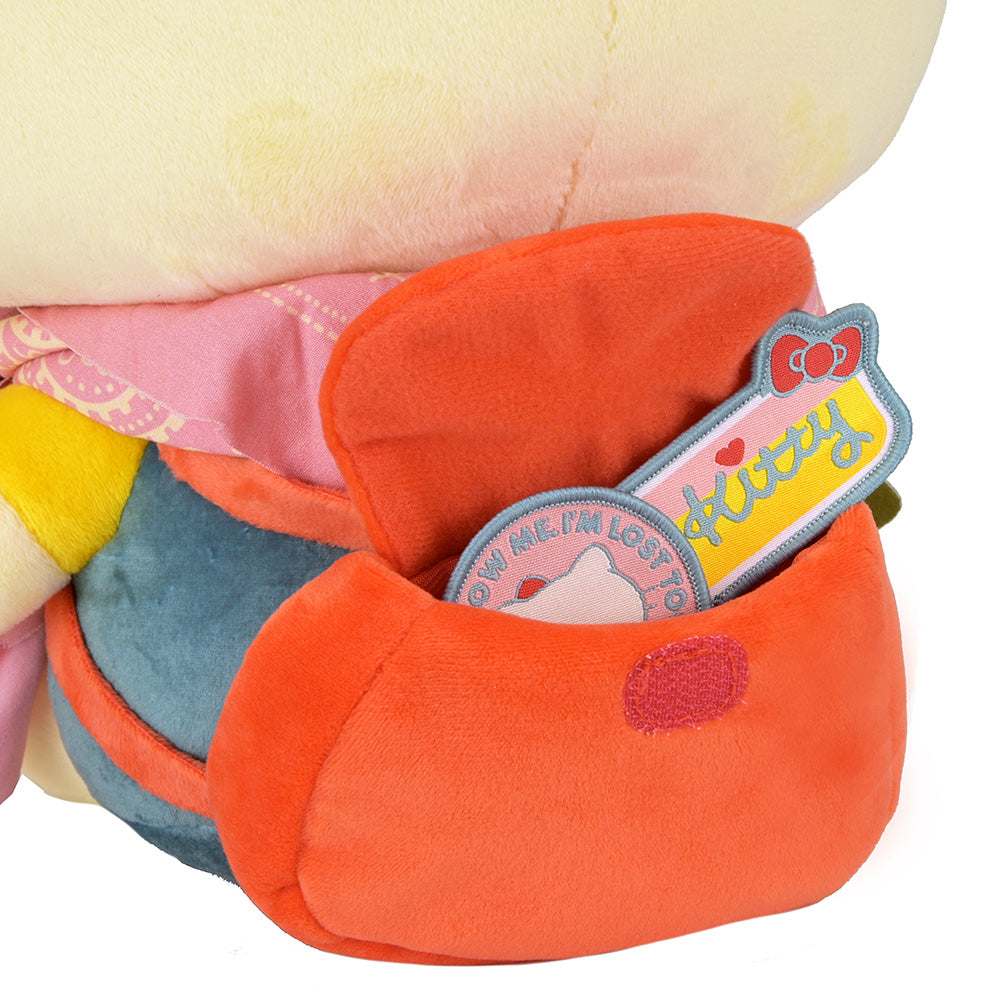 Large Hello Kitty® Camp Adventure plush toy by Sanrio, soft and cuddly character with camping-themed design, perfect for cuddling.