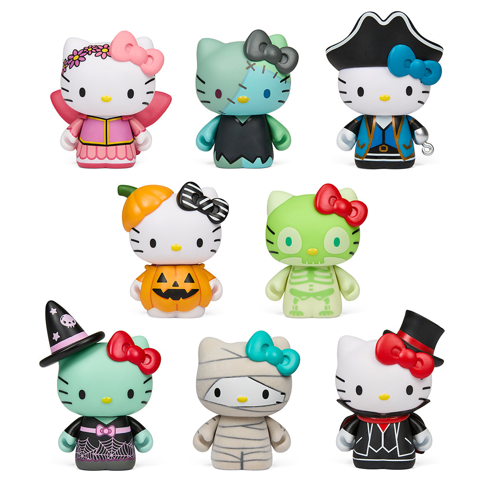 Sanrio Hello Kitty Halloween costume collectible vinyl mini figure in green skeleton design from limited edition series.