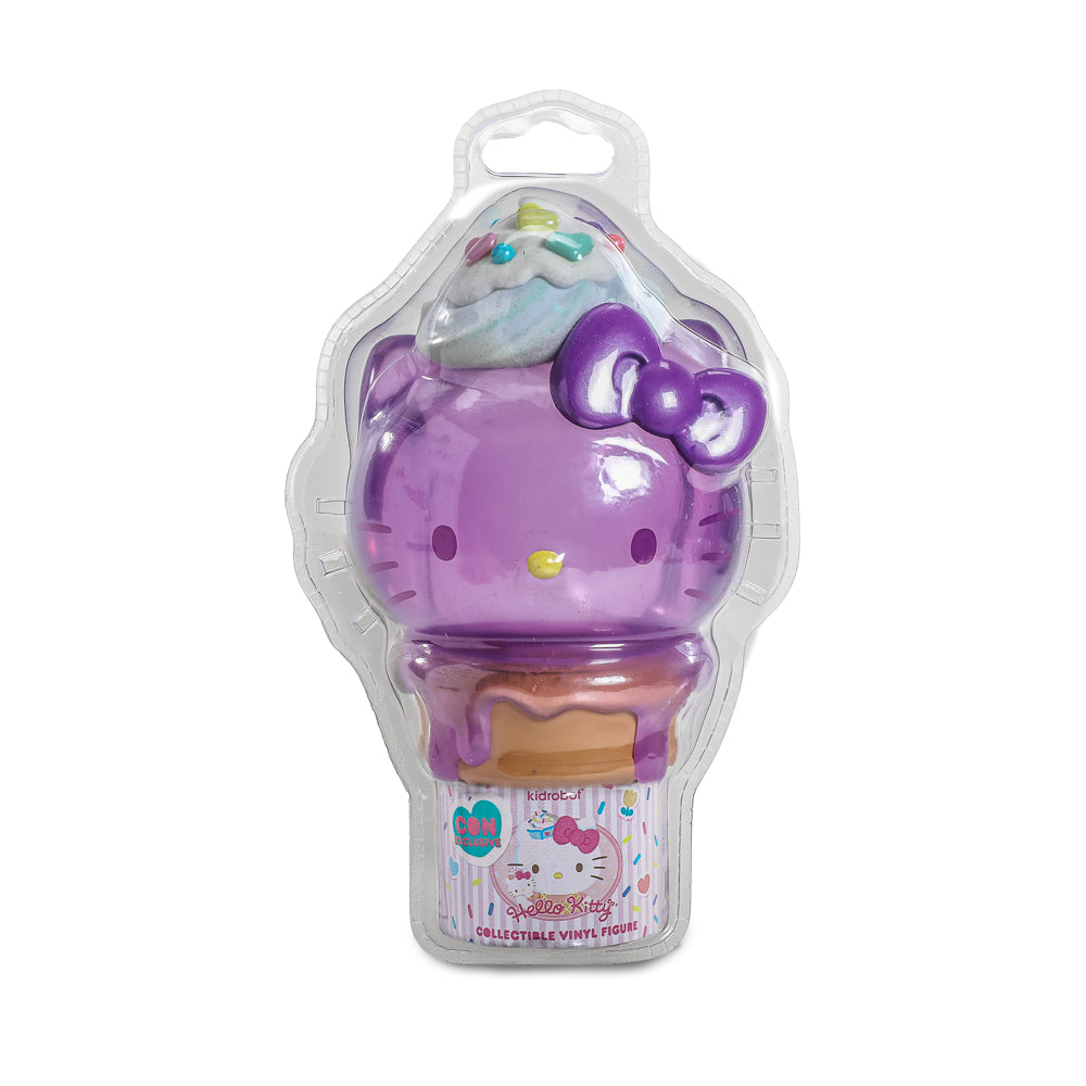 Sanrio Hello Kitty Ice Cream Cone 6” vinyl art figure in translucent ube color, limited edition Kidrobot exclusive, limited to 500.