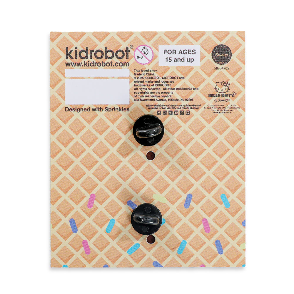 Sanrio Hello Kitty® ice cream cone enamel pin with glitter Ube flavor detail, limited edition Kidrobot exclusive collectible.