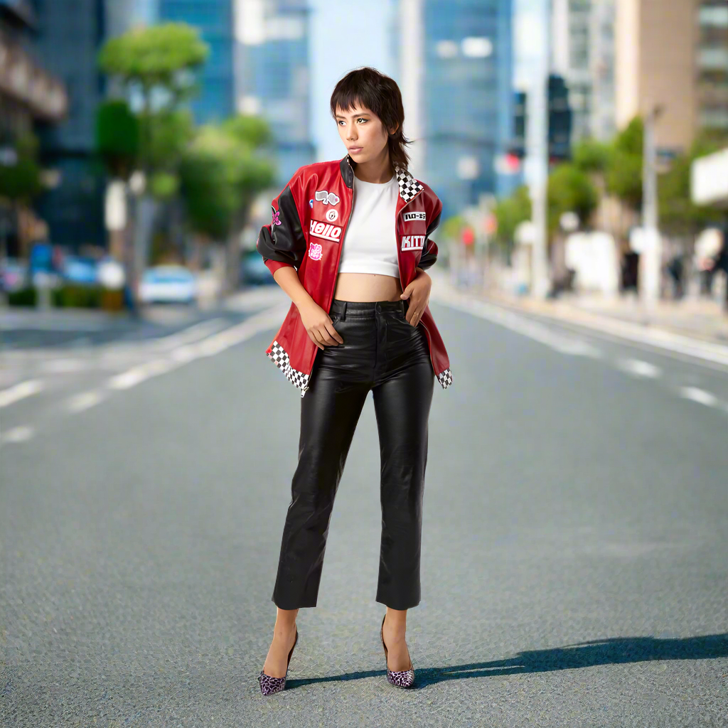 Hello Kitty Tokyo Speed red moto jacket by Kidrobot, limited edition, Sanrio apparel with bold design and vibrant color.