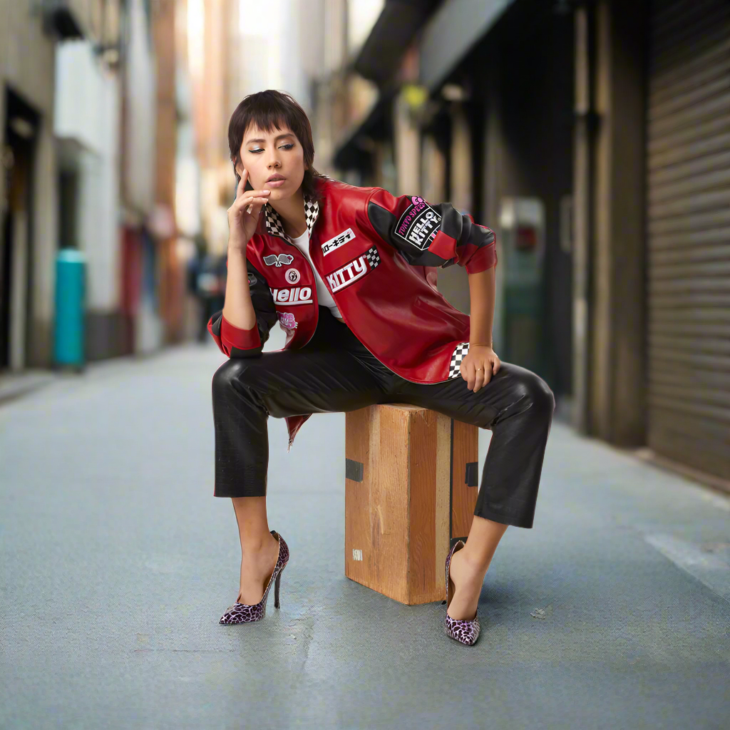 Hello Kitty Tokyo Speed red moto jacket by Kidrobot, limited edition Sanrio apparel with bold design and vibrant colors.