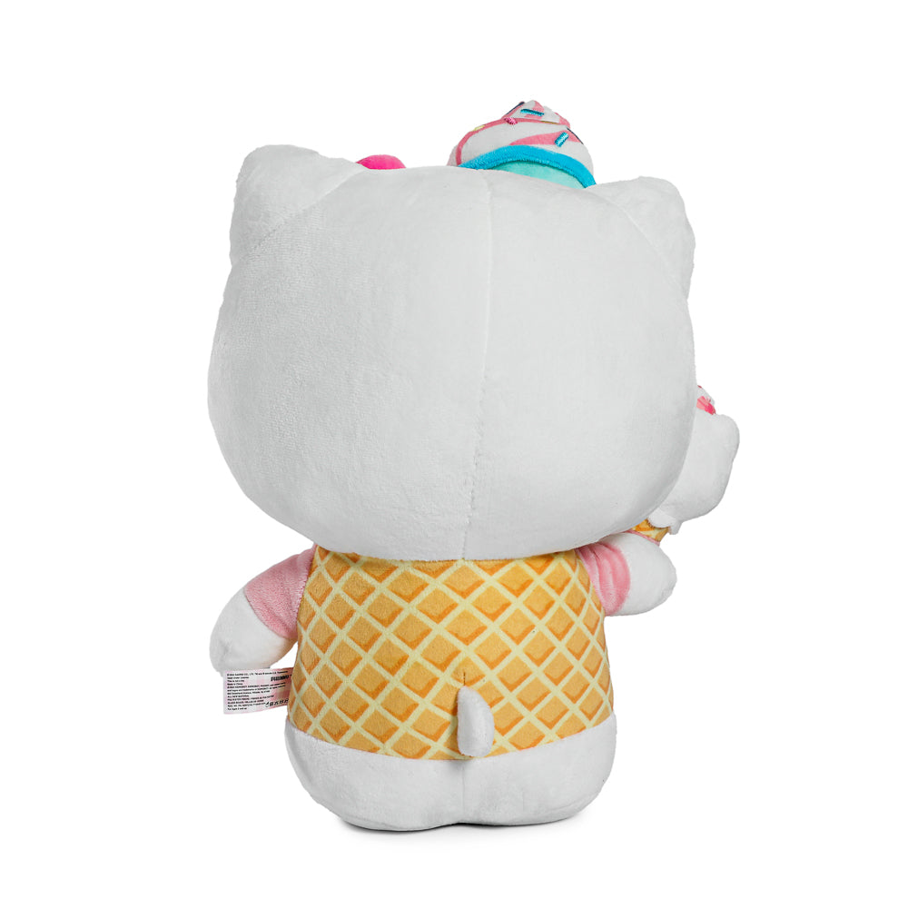 Sanrio Hello Kitty plush toy holding an ice cream cone, soft and cuddly character with pink bow and detailed features.