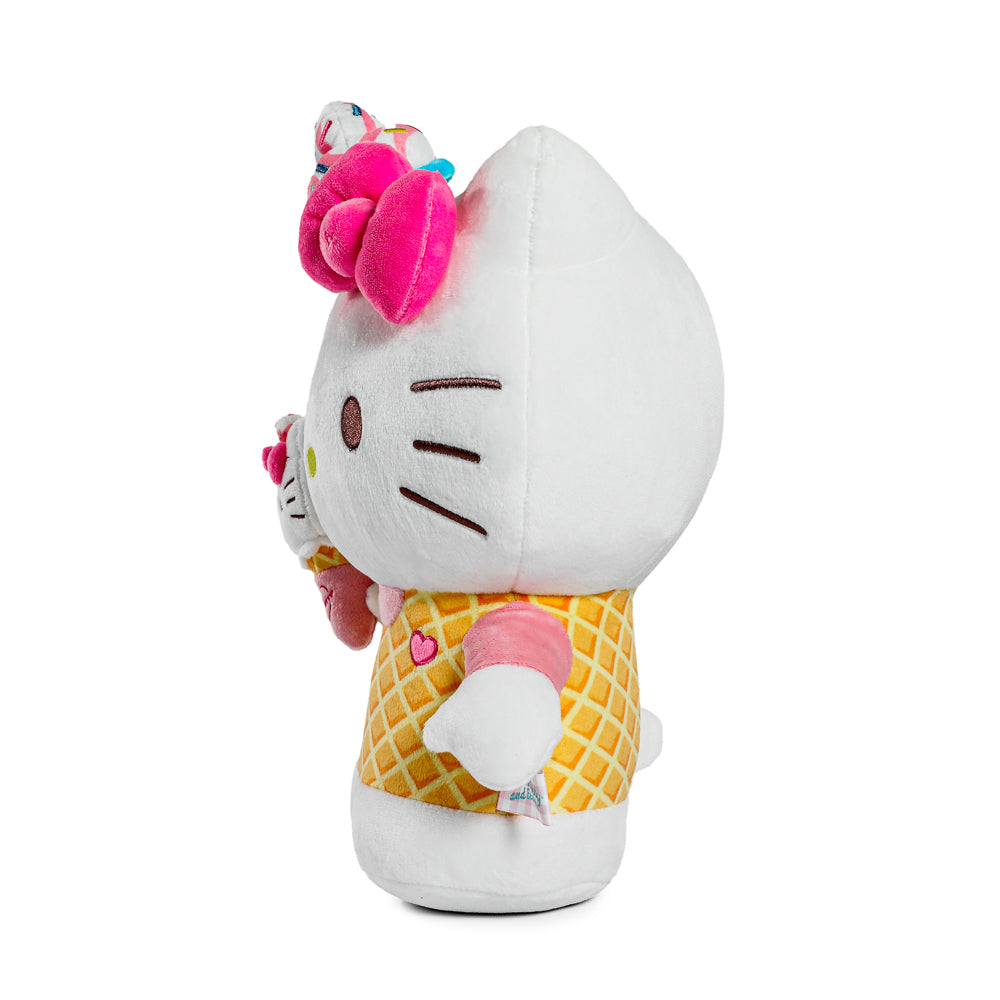 Sanrio Hello Kitty plush holding an ice cream cone, soft and cuddly toy with pink bow and detailed features.