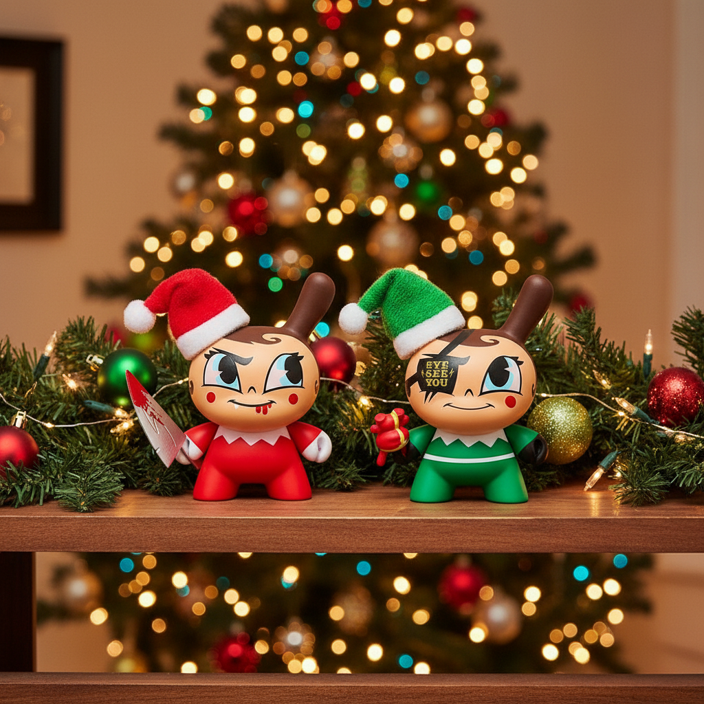 Kidrobot Holiday Dunny set featuring 3-inch Nice and Evil Elf characters from the Go Elf Yourself collection.