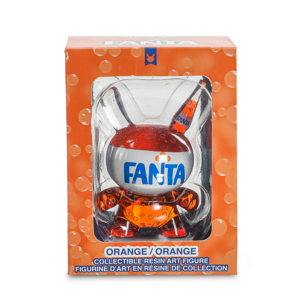 Kidrobot Fanta Orange resin Dunny art figure, 3-inch collectible toy inspired by Coca-Cola's Fanta branding, detailed and vibrant.