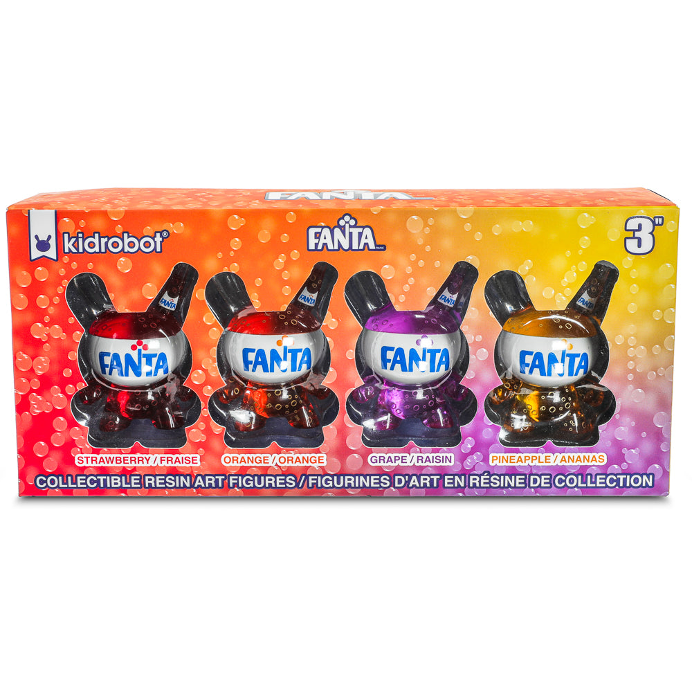 Set of four Kidrobot Coca-Cola Fanta resin Dunny art figures, 3-inch collectible toys with vibrant designs.