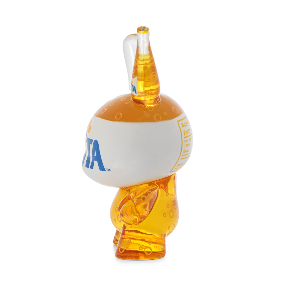 Set of four Kidrobot Coca-Cola Fanta resin Dunny art figures, 3-inch collectible toys with vibrant, playful designs.
