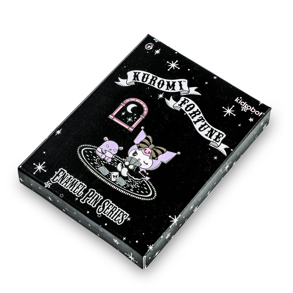 Sanrio Kuromi™ Fortune Deluxe Enamel Pins in mystery boxes, featuring colorful, detailed Kuromi-themed enamel pin designs.