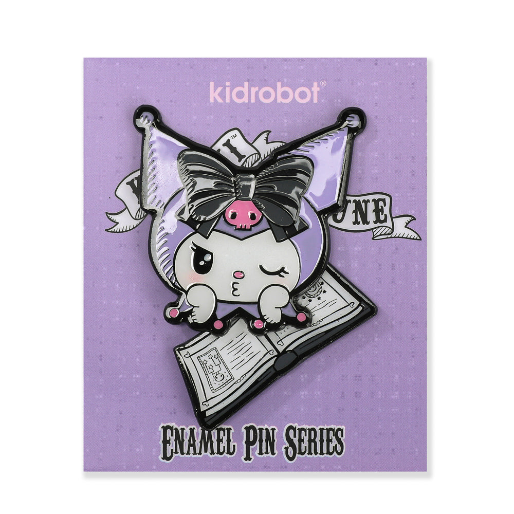 Sanrio Kuromi™ Fortune Deluxe enamel pins from mystery boxes, featuring colorful, collectible enamel pin designs of Kuromi.