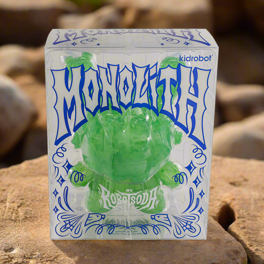 Two ROBOT SODA Monolith 8" Dunny art figures in Jade and Onyx limited editions, showcasing detailed designs and vibrant colors.