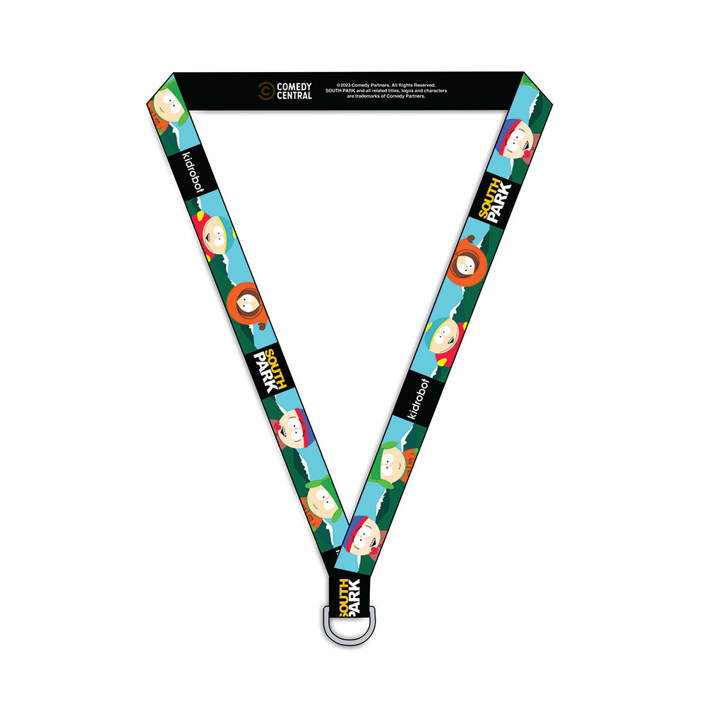 South Park NYCC 2023 limited edition 1.5-inch enamel pins and lanyard set featuring colorful character designs.
