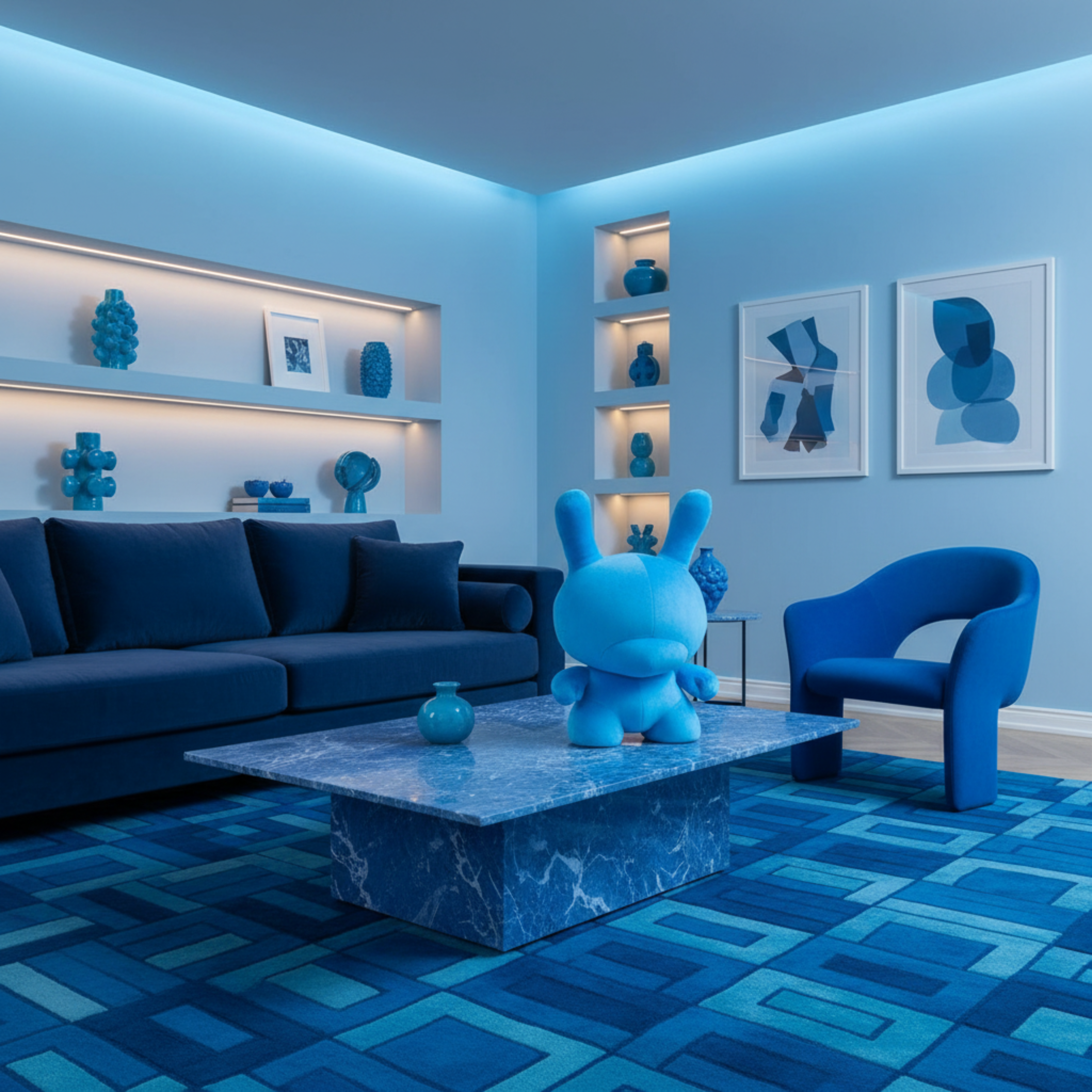 Modern living room with blue decor, including a sofa, chairs, and coffee tableand a Blue Plush Dunny