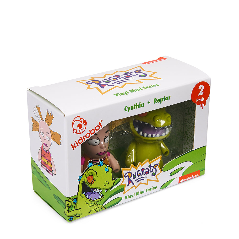 Rugrats Cynthia and Reptar 3-inch vinyl art figure 2-pack featuring colorful Reptar and Cynthia characters on display.