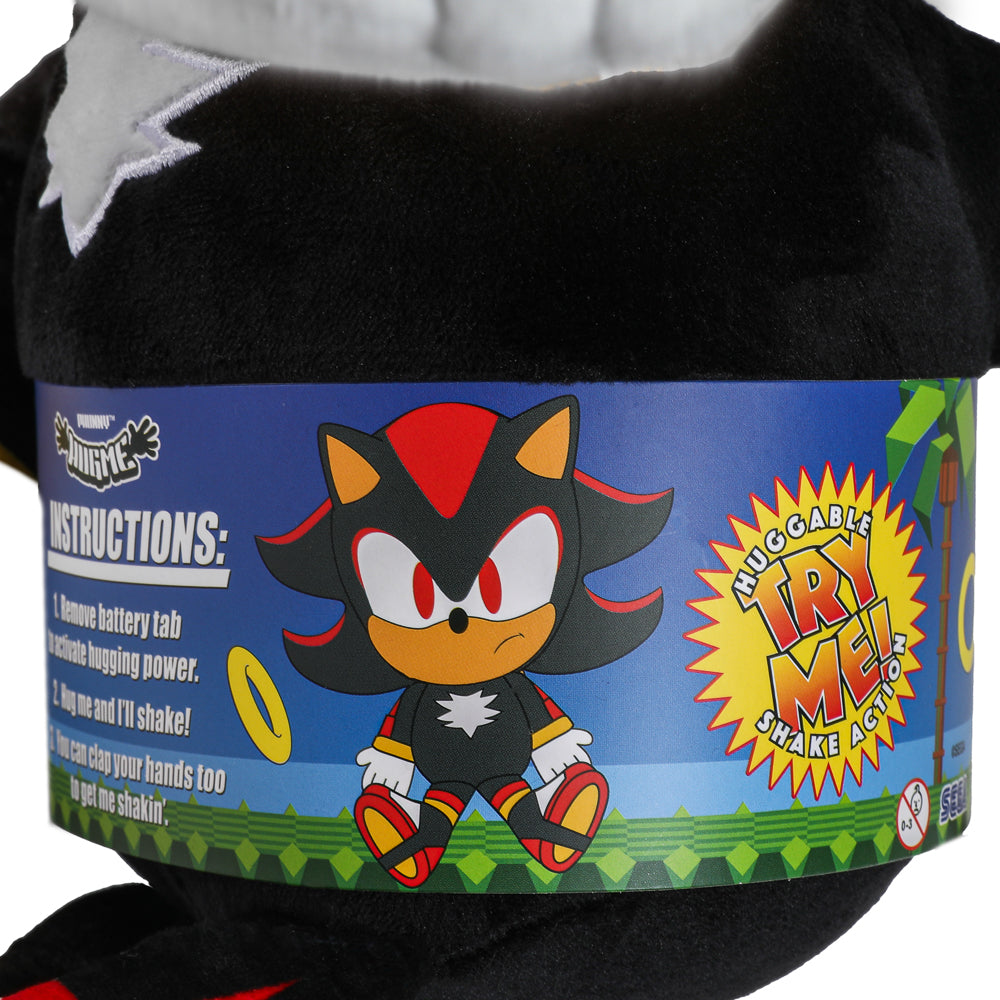 Sonic the Hedgehog Shadow HugMe plush with shake action, soft stuffed toy featuring Shadow's character design and dynamic pose.