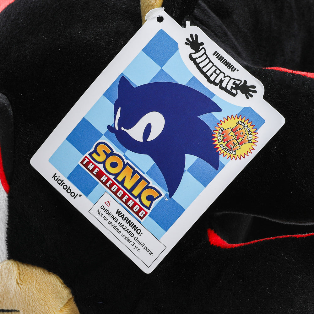 Sonic the Hedgehog Shadow HugMe plush with shake action, soft stuffed toy featuring Shadow character from Sonic the Hedgehog.
