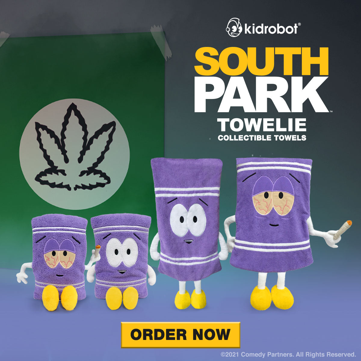 South Park Towelie plush toy by Kidrobot, 10-inch soft stuffed character from the South Park animated series.