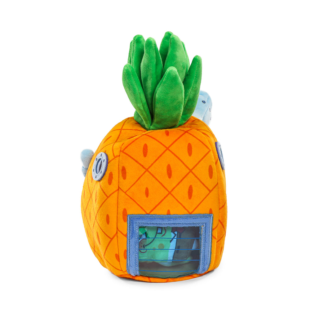 SpongeBob SquarePants pineapple plush toy featuring SpongeBob's face and bright yellow color, soft and interactive for children.