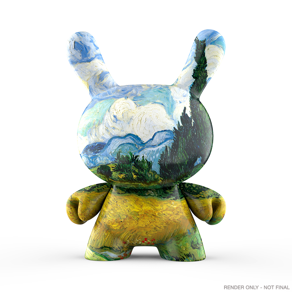 The Met 3-inch vinyl Dunny art figure depicting Vincent van Gogh's Wheat Field with Cypresses, showcasing detailed design and vibrant colors.